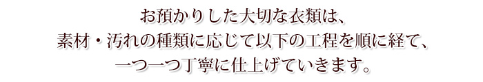 お預かりした大切な衣類は、素材・汚れの種類に応じて以下の工程を順に経て、一つ一つ丁寧に仕上げていきます。
